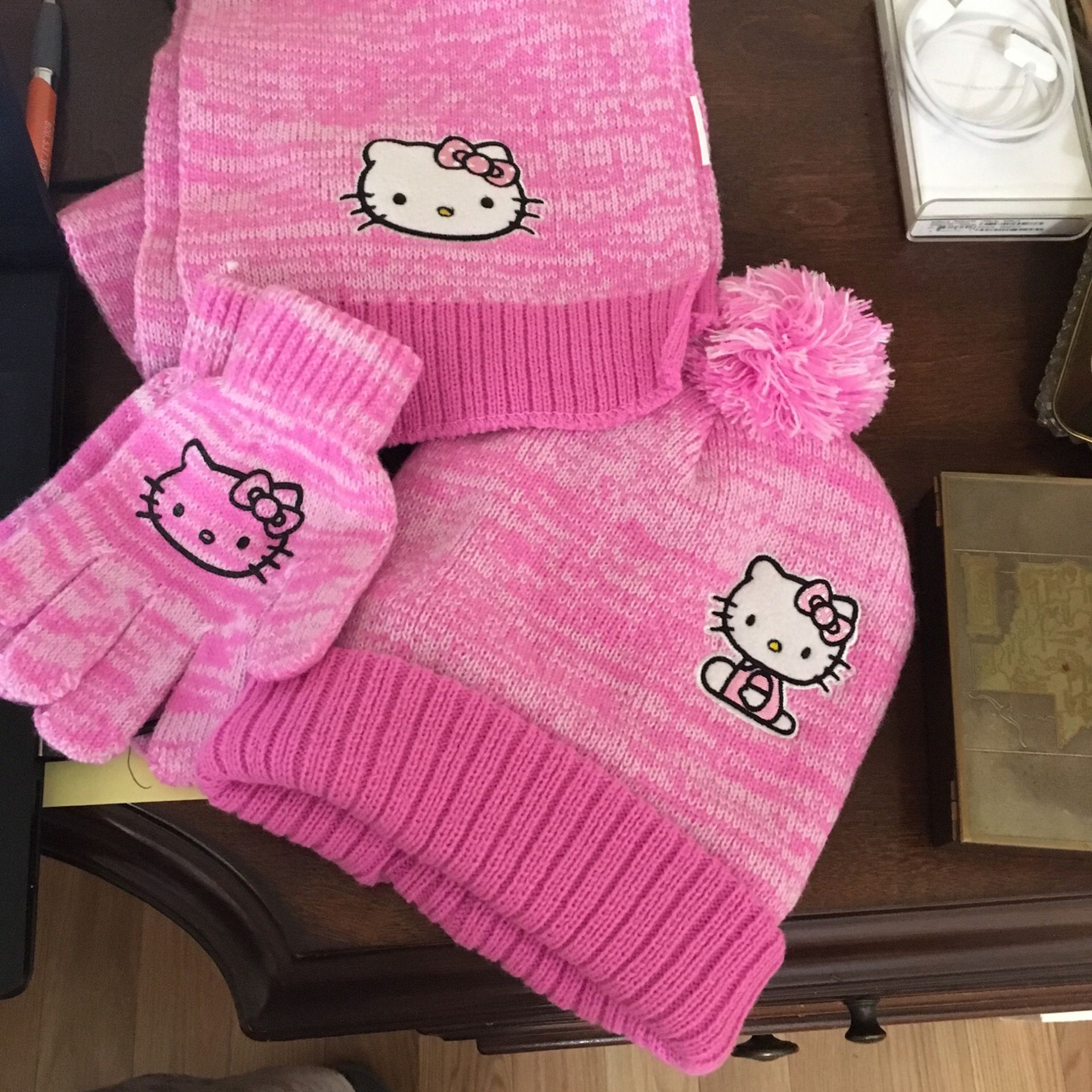 Hello Kitty Pom Pom Hat , Gloves And Scarf Set Girls 4-16