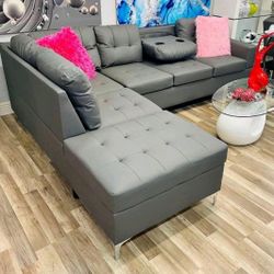 Grey Leather Sectional Sofa New Cup Holders