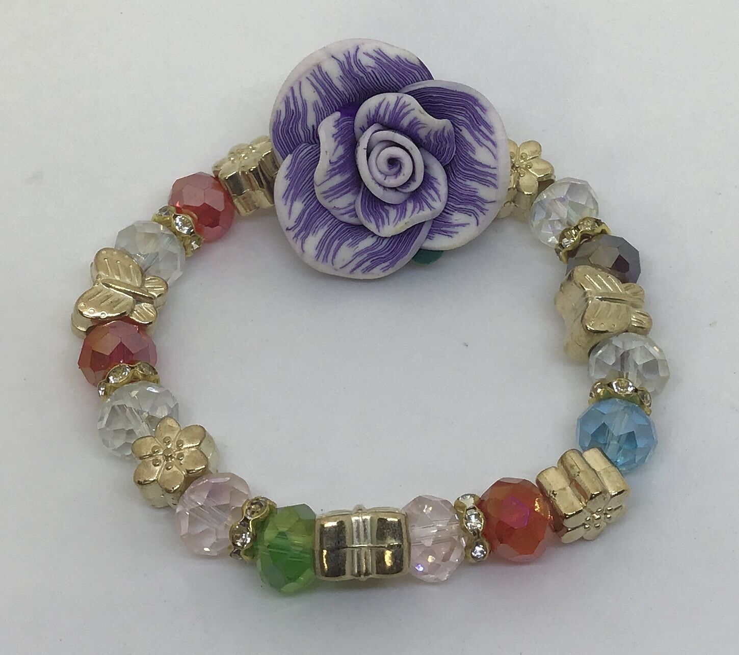 Bracelet With Romantic Purple Flower And Red Gold Teal Beads