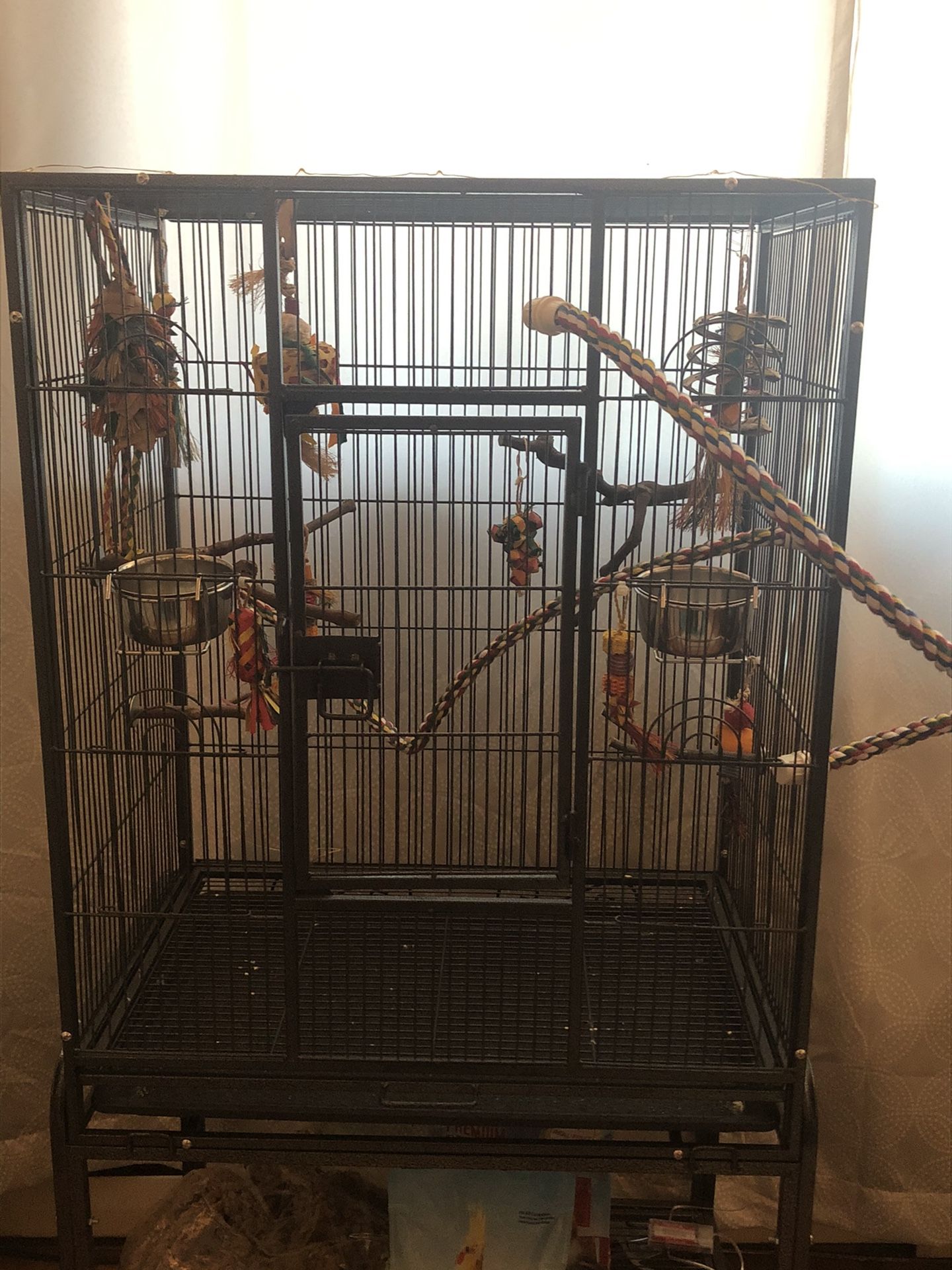 Large Bird Cage With Toys, Perch’s, And Food Bowls. Comes With Cockatiel Food, 5 Pound Millet Spray And Treats