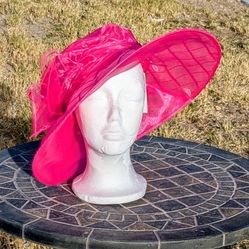 Josette One-Size Fabulous Plaid Organza Hot Pink Large Down Brim Riviera Hat NWT
