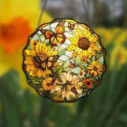 Stained glass acrylic suncatcher, butterfly, sunflower design, yellow accents.