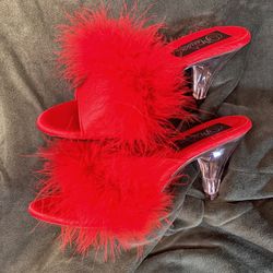 ✨ Like New Fabulicious BELLE-301 Feathered Transparent Mules – Red ✨