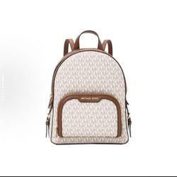 MICHAEL KORS MK Jaycee 24 Zip Classic Monogram Canvas & Leather Backpack, Medium, Vanilla & Brown