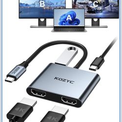 USB C to Dual HDMI Adapter 4K@30Hz, KOZYC USB C Hub Multiport Adapter with 2xHDMI, USB 3.0, 100W PD, Support USB C to HDMI Splitter Extended Display f