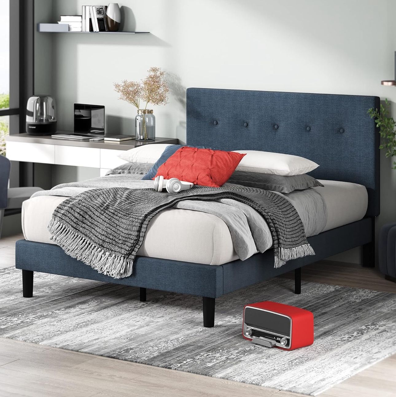 Free Delivery Navy Blue Queen Size Bed Frame 
