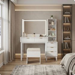 Modern LED Vanity Desk with Integrated Shelving & Fluted Detail