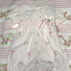 Vintage Baby Togs Romper White W Pink Ribbon Flowers Sz 3-6 Month Embroidered