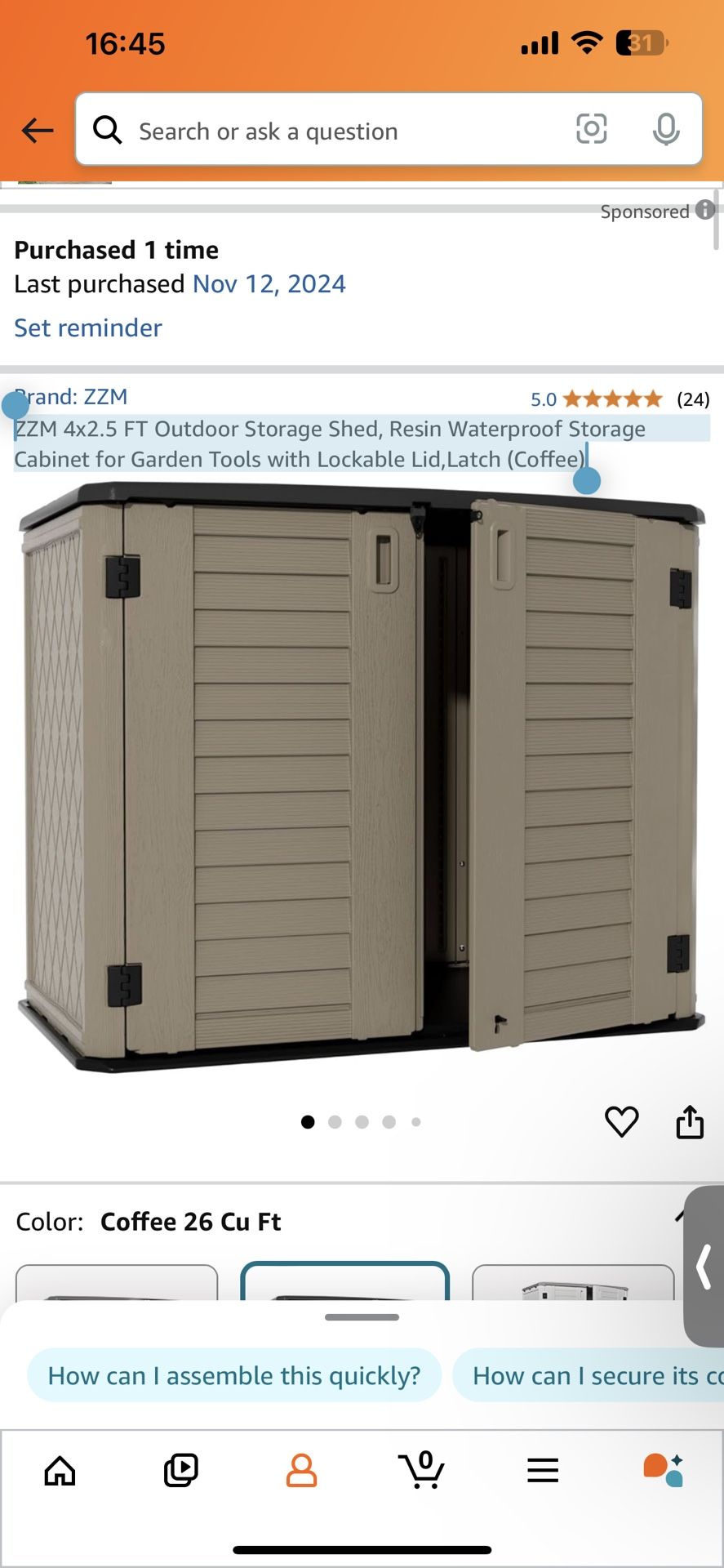 ZZM 4x2.5 FT Outdoor Storage Shed, Resin Waterproof Storage Cabinet for Garden Tools with Lockable Lid,Latch (Coffee)