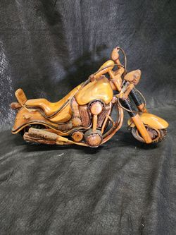 Vintage Handmade Wood & Wicker Chopper Motorcycle Model, Biker Enthusiast Gift, Rustic Man Cave Desk