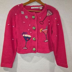 Vtg Michael Simon OneSize Pink Martini Cocktail Olives Beaded Cardigan Sweater