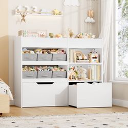 Toy Organizer with 6 Bins, 2 Drawers, 2 Bookshelves