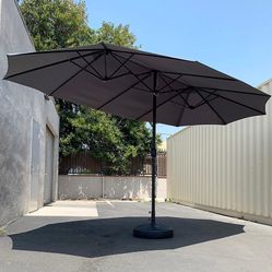 (New in box) $130 Large 15FT Double Sided Outdoor Umbrella w/ 65 LBS Plastic Weight Base (Red/Gray)