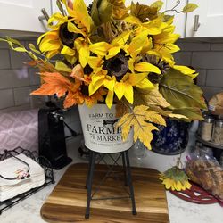 Artificial Sunflower arrangement in a farm tin on a metal Stand 27 inch