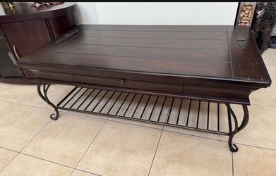Solid Wood Coffee Table Wrought Iron Base Lift Top and Drawer