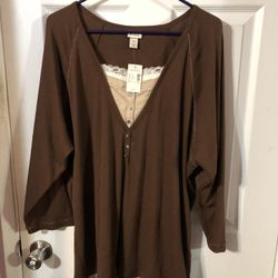 Women’s Size 22 / 24  Brown Lightweight Thermal Tunic Top.  With a lace inlet.  Made of 100% Cotton.  Brand Lane Bryant Venezia.  Brand new with tags 