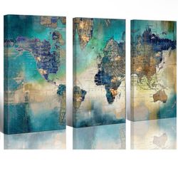 Large World Map Canvas Prints Wall Art for Living Room Office "20x40" 3 Piece Green World Map Picture