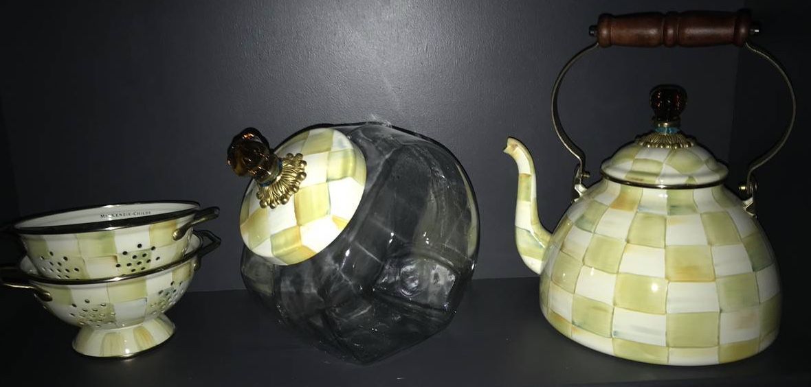 MacKenzie-Childs Tea Kettle & Glass Cookie Jar