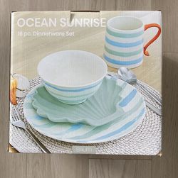 Black Friday Sale 🏵️ New Baum Bros. 16pc Stoneware Atlantis Dinnerware Set Ocean Service for 4
