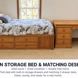 Twin Storage Bed & Matching Desk Set – Solid Wood