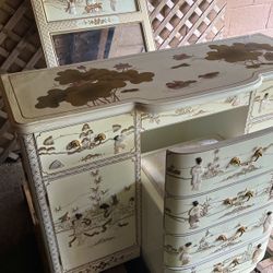Oriental Asian Lacquer Vanity Table Mother Of Pearl Geisha