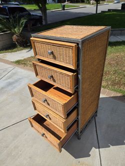 5 Drawer Dresser Metal Frame
Wood bamboo 

47" H  x  19" L  x  21" W