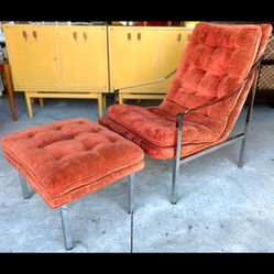Vintage Milo Baughman From Thayer Coggin Chrome Metal Lounge Scoop Regency Lounge Chair & Ottoman