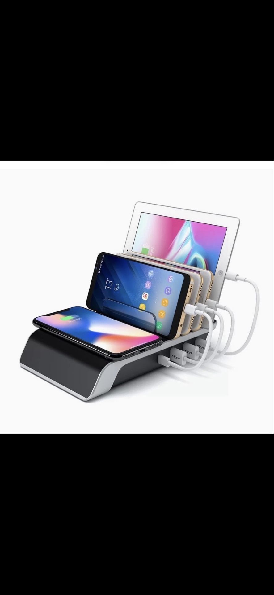Charging Hub for Desks, Adjustable Dividers, Wireless Charge Pad, 4 USB Ports - Black