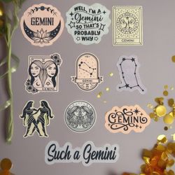 Gemini Vinyl Sticker Set – Zodiac Aesthetic Stickers for Journals, Laptops, Mugs & More