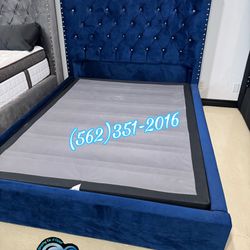 Queen Blue Velvet Bed Frame Diamond Boxspring 