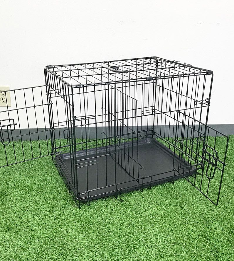 (NEW) $25 Double Door 24” Dog Crate Cage Folding Metal Kennel, Plastic Tray 24x17x19 Inches 