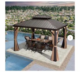 Pure leaf 10 ft.x12ft.Bronze Luxury Aluminum Frame Hardtop Gazebo for Patio Deck Backyard Netting Hooks Upgraded Curtain 24-Lights