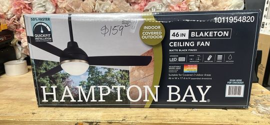 Hampton Bay Blaketon 46 in. Indoor/Covered Outdoor Matte Black Modern Ceiling Fan with Integrated LED and Remote Control
