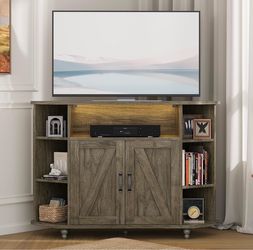 45 " Corner TV Stand for 55-Inch TVs with Storage, Grey Farmhouse Corner Entertainment Center with LED Lights, Cable Management, Barn Doors and 4 Adju