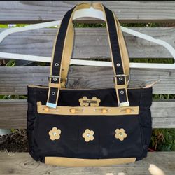 Y2K Black & Tan Nylon Shoulder Bag Purse Adjustable Straps 3D Floral Décor Wood