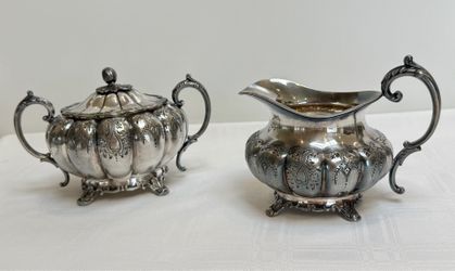 Antique Silver Plate Lidded Sugar Bowl & Creamer James Dixon & Sons “Old English Melon” Collection