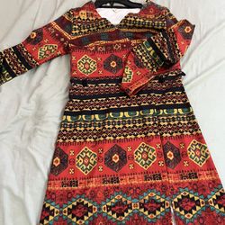 Vintage Unique Patterned Long-Sleeve Dress – Size S