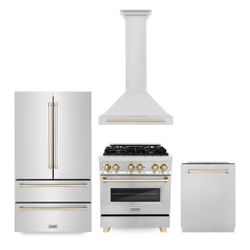 ZLINE 30" Autograph Edition Kitchen Package with Stainless Steel Dual Fuel Range, Range Hood, Dishwasher and Refrigeration with Polished Gold Accents