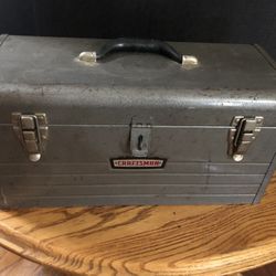 Vintage metal craftsman tool box with miscellaneous tools, mostly craftsman. 