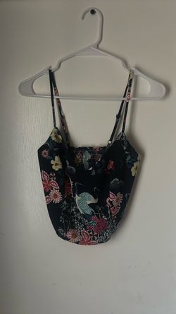 Woman’s spaghetti strap, navy  crane/flower blueprint