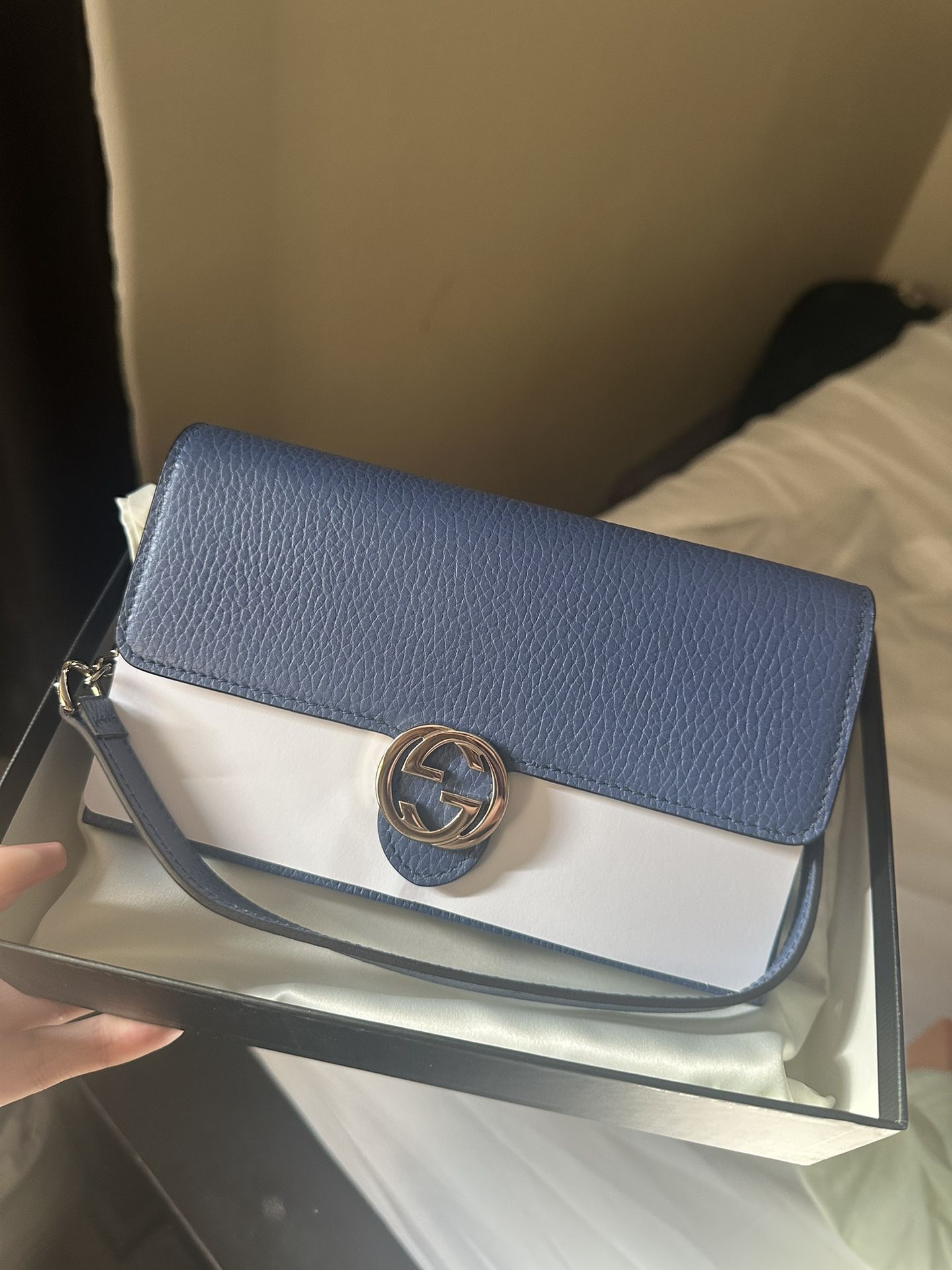 Brand New Gucci Interlocking Wallet on Chain Leather Blue
