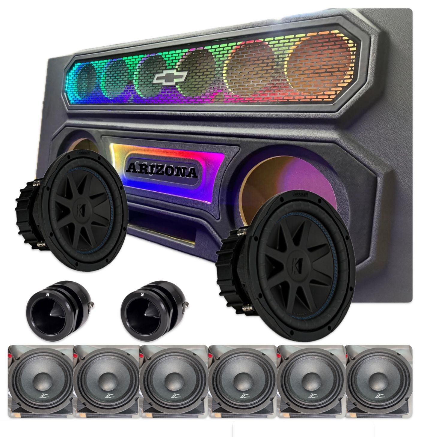 NEW CUSTOM BOX RGB LIGHTS MIDRANGE SPEAKERS SUBWOOFERS KICKER CVX TWEETERS FOR SINGLE CAB TRUCKS