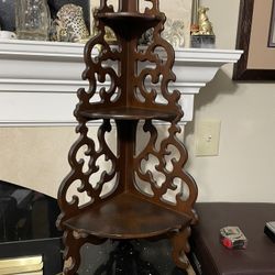 Antique Edwardian Hand Carved Solid Mahogany Corner Shelf, Wall Display , Table Top or Hanging Shelf with Beautiful Fretwork . Vintage from 1920s 25”T
