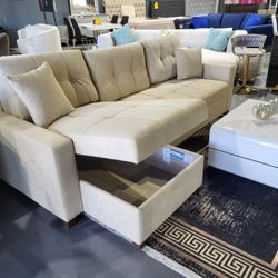 REVERSABLE SLEEPER SECTIONAL SOFA CREAM GRAY BROWN FABRIC 101×60