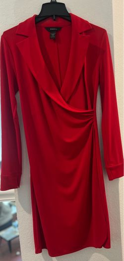 Vintage 90s Express Red Faux Wrap Dress Size 7/8 – Ruched Long Sleeve