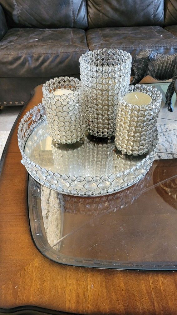Mirror Platter With 3 Mashing Candle Holders.