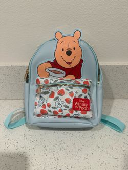 Disney Winnie the Pooh Light Blue and Red Kids Backpack with Strawberry Print