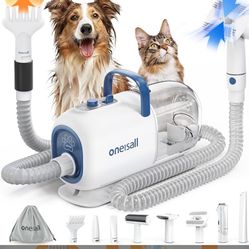 oneisall Dog Vacuum & Dryer for Shedding Grooming, 8 in 1 Dog Grooming Kit with Metal Blade Pet Clippers, Adjustable Speed and Temperature Control Blo