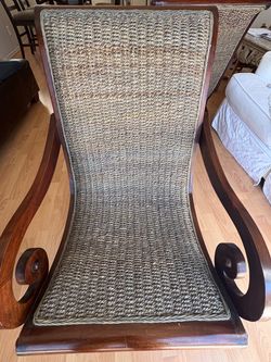 Set of 2 Rocking Accent Chairs, Wood Frame Woven Wicker, Scroll Arms