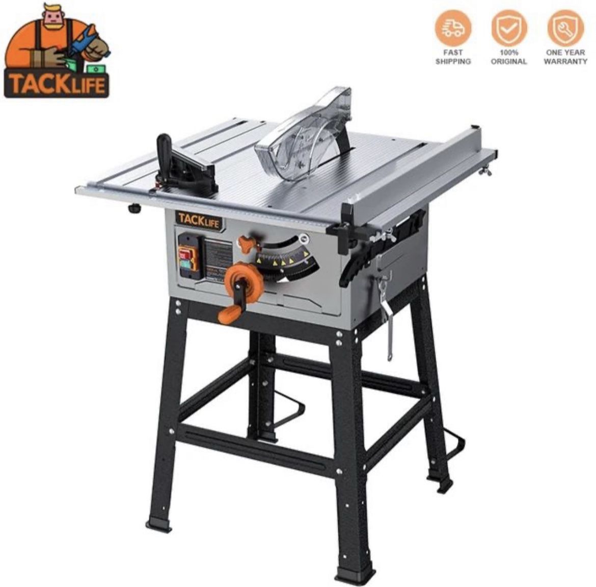 TACKLIFE MTS01A 2000W Table Saw 10 Inch 15 Amp 24T Blade 4800 RPM 45ºBevel Cutting With Extended Desktop Metal Stand